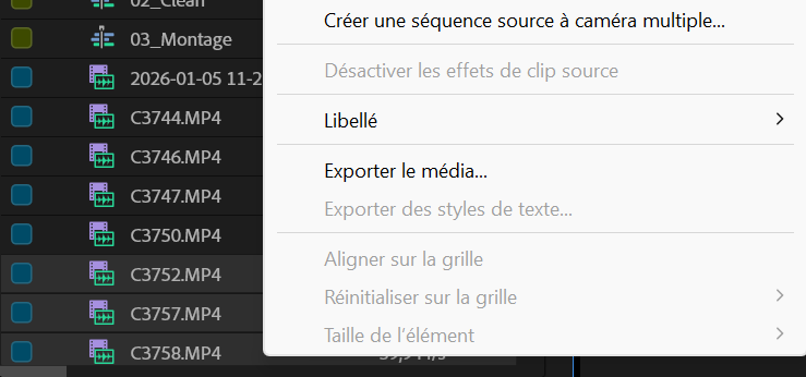 Capture de la sélection et du menu pour créer une séquence source à caméra multiples