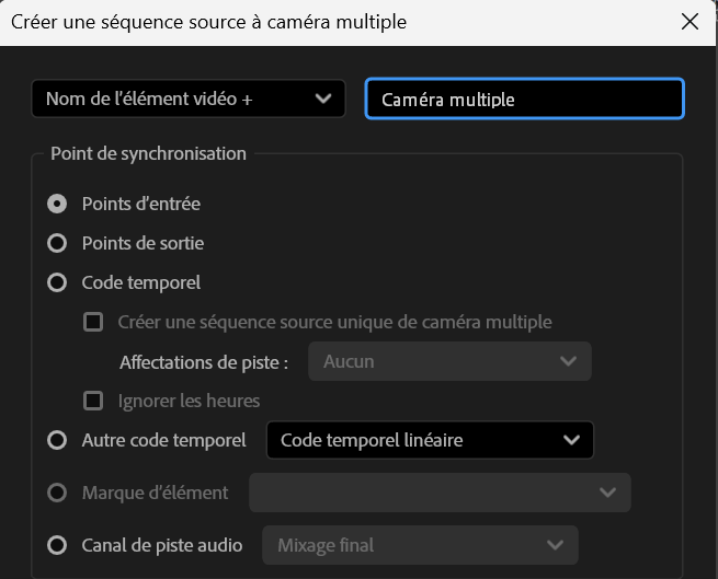 Capture du choix de la méthode de synchronisation des clips