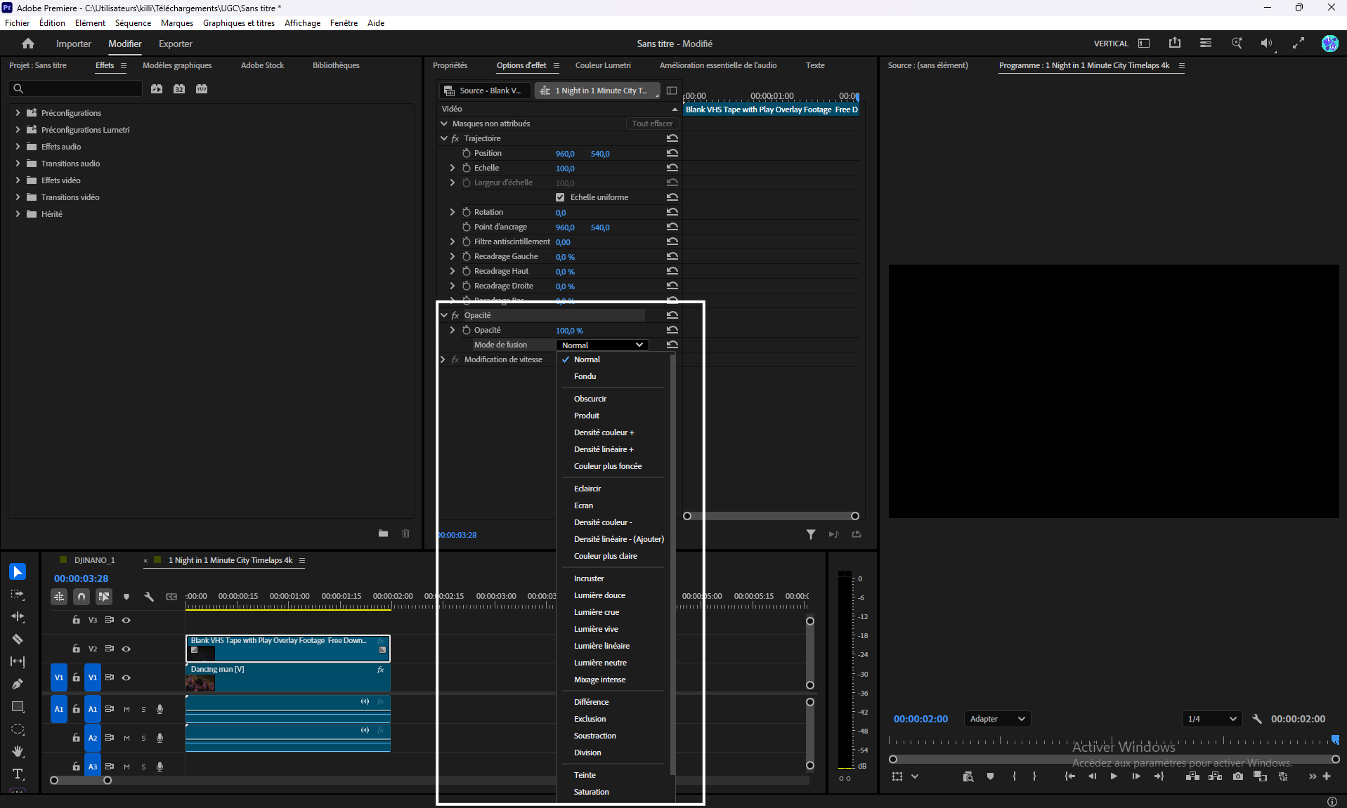 Le menu Mode de fusion déroulé dans la section Opacité