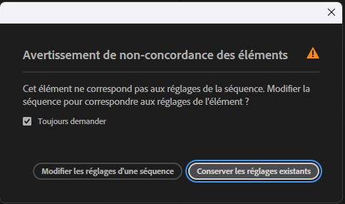 Le message d'alerte « Conserver les réglages existants » au glisser-déposer