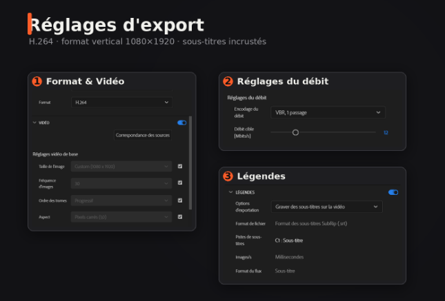 Les différents réglages important pour l'export (les sous-titres sont facultatifs)