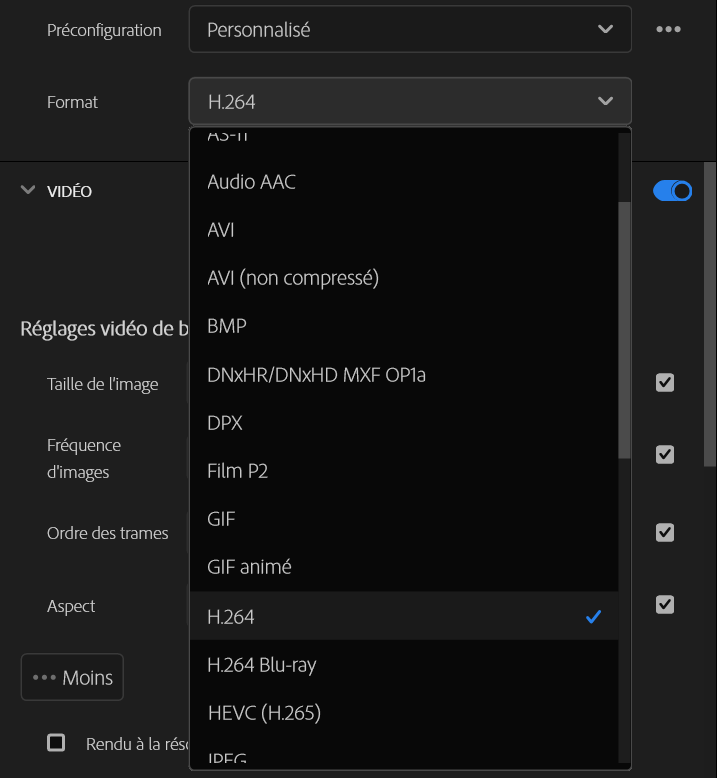 Le menu Format réglé sur H.264 dans la fenêtre d'export